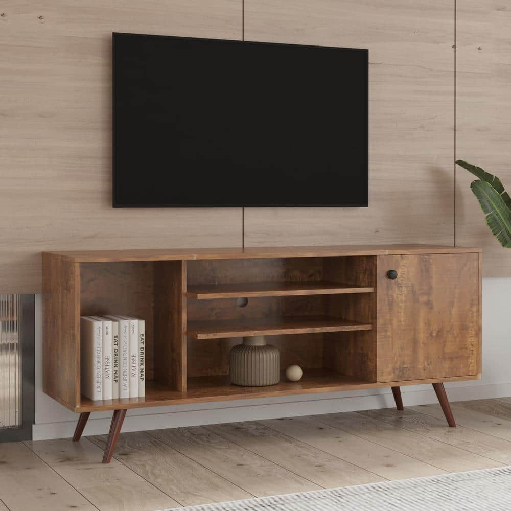 GODEER 53 in. Walnut TV Stand Fits TV's up to 55 in. with 1 Storage and 2 Shelves Cabinet, High Quality Particle Board