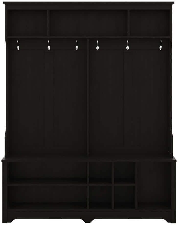 URTR Black Hall Tree with Storage Shelves and Coat Hooks All in One Hallway Entryway Coat Rack with Shoes Storage Bench