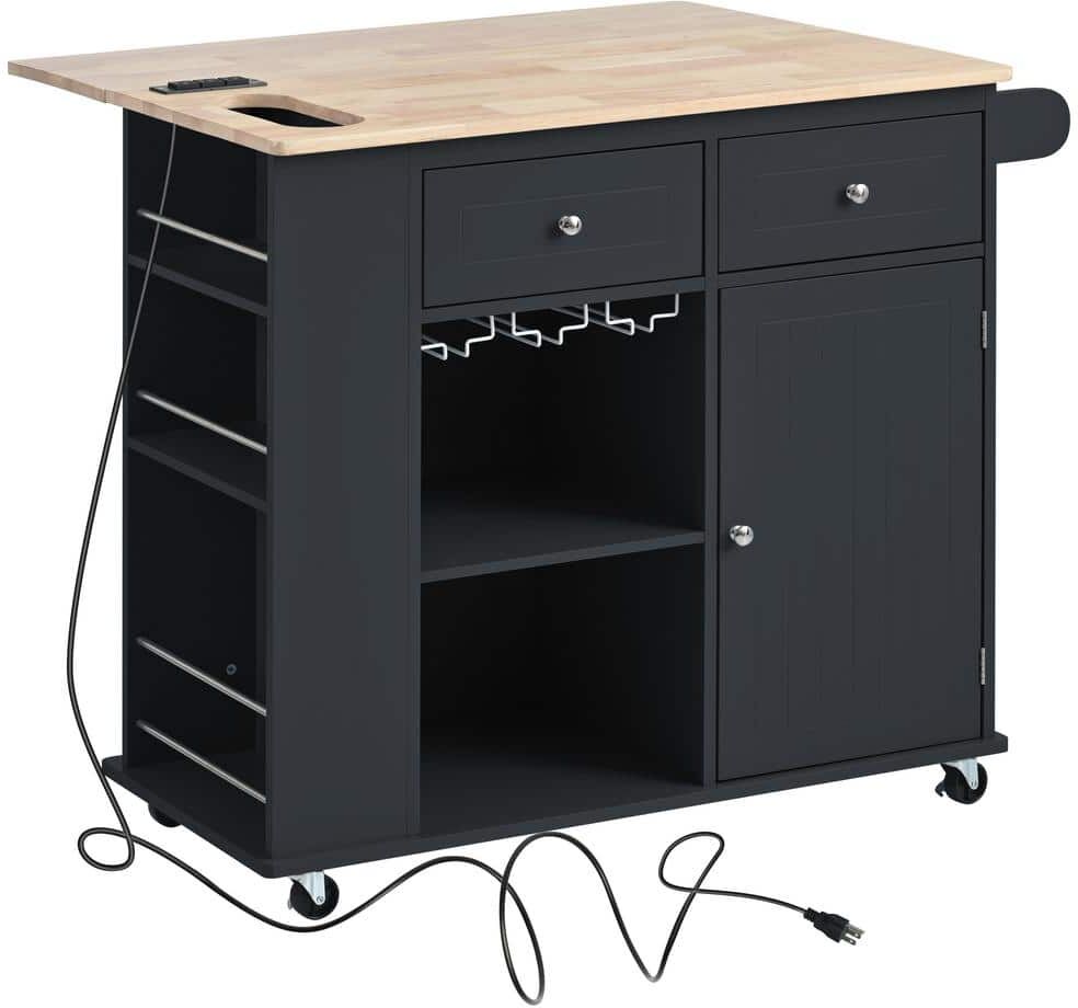 Black Kitchen Cart Island with Wine Rack, Spice Rack, 2-Storage Drawers, 1-Door Cabinet and 5-Locking Wheels