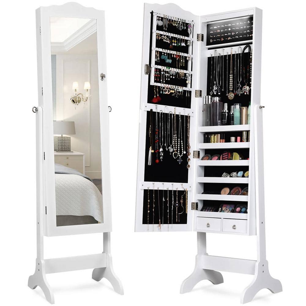 Costway White Mirrored Freestanding Jewelry Armoire Organizer Cabinet with Drawer and Led Lights