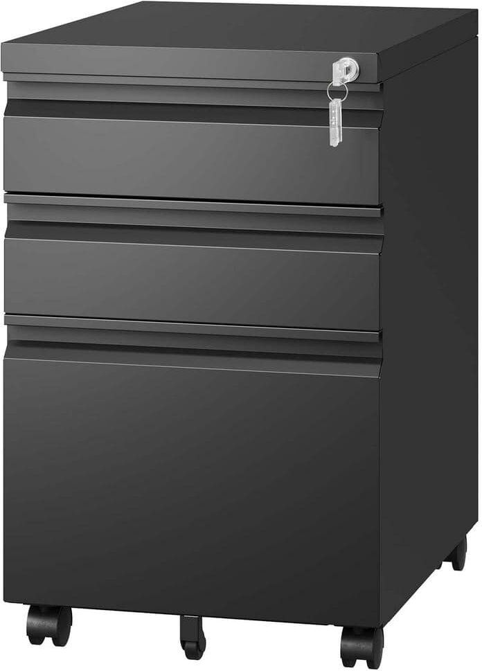 17.32 in. W x 14.69 in. D x 23.62 in. H Black Mobile Linen Cabinet with 3-Drawers and 5-Wheels