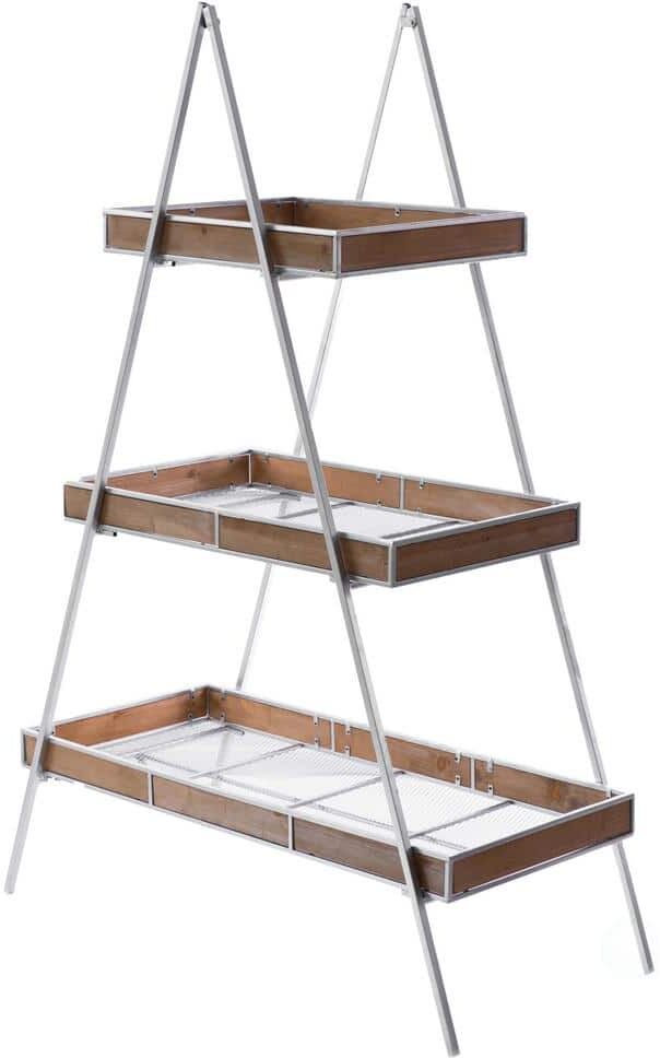 Vintiquewise 3-Tier Shelves Wood Shelving Unit Large Ladder Triangular Metal Display Shelving Server Rack, 46" W x 21" D x 66.5" H