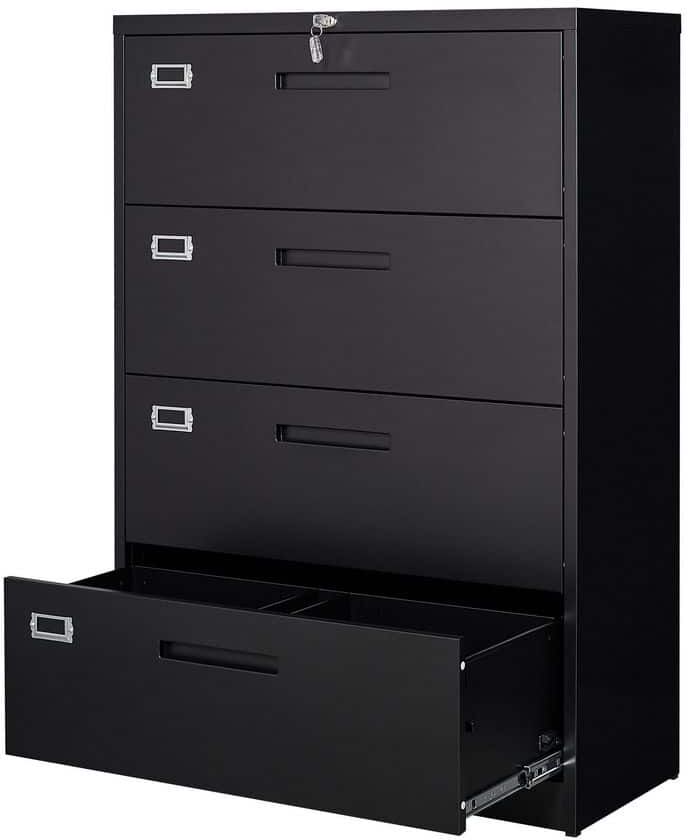 Mlezan 4 Drawer Lateral Cabinet Black Metal Storage Cabinets for Letter Legal Files in 15.7"D x 35.4"W x 52.3"H