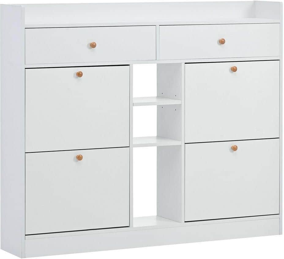 Polibi White Free Standing Multifunctional 2 Tier Shoe Storage Cabinet Organizer with 4 Flip Drawers for Entrance Hallway