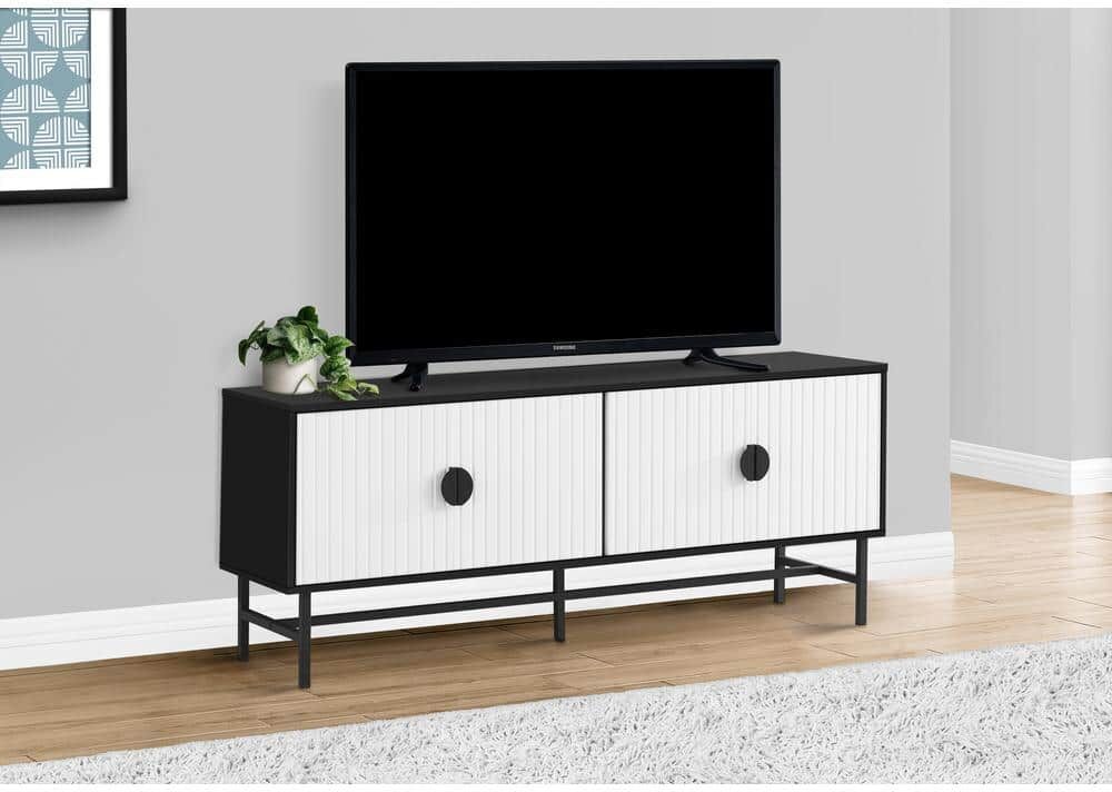 Black and White Tv Stand Fits TVs up to 65-75 in. With Cabinets, Shelves and Cable Management