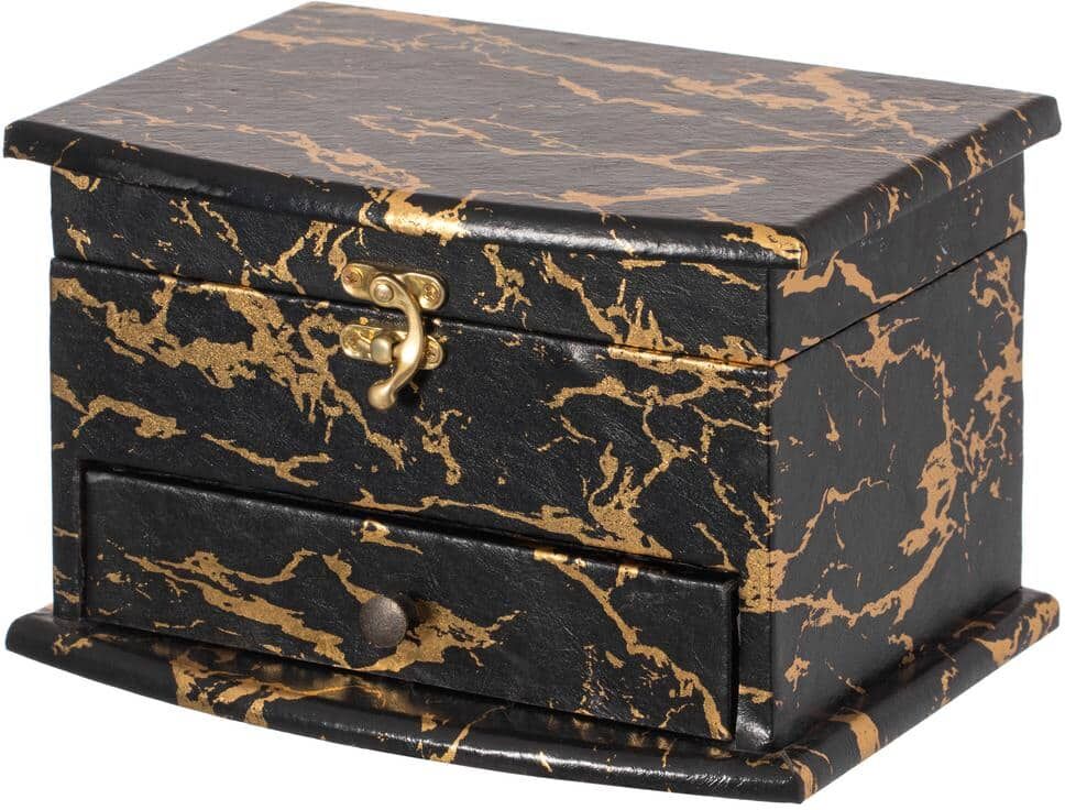 Vintiquewise Black and Gold Marble Decorative Modern Wooden Jewelry Box Holder with Lining, and Drawer