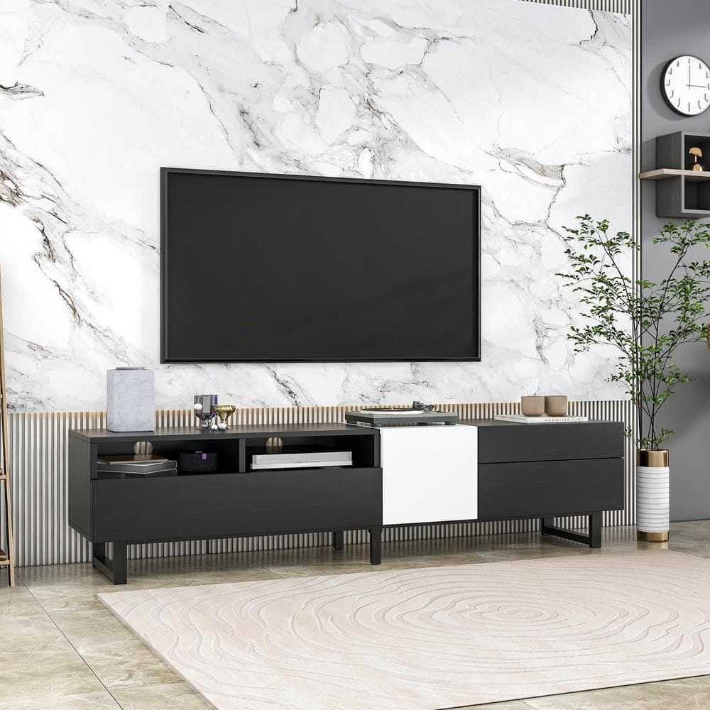 Harper & Bright Designs Black Modern TV Stand Fits TVs up to 80 in. Entertainment Center with Double Storage Space and Drop Down Door
