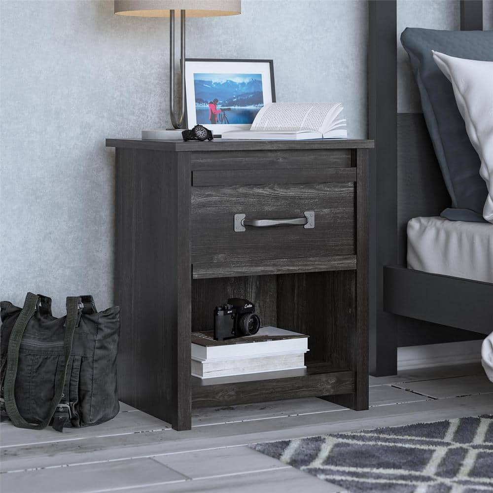 Ameriwood Home DeWitt 1-Drawer Black Oak Nightstand 24.37 in. H x 19.69 in. W x 19.69 in. D