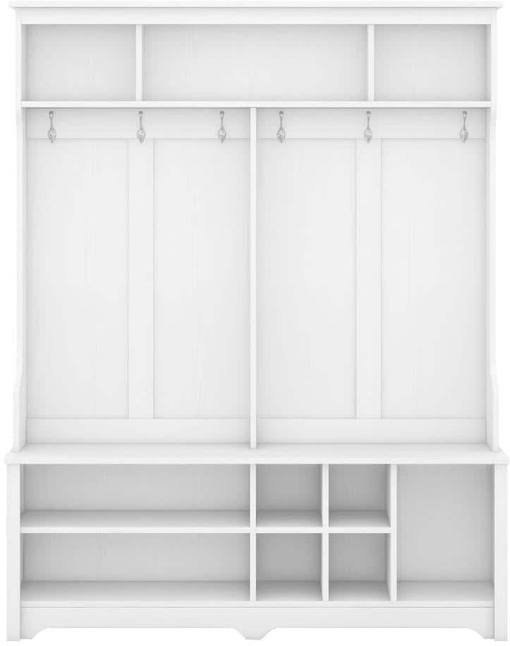 URTR White Hall Tree with Storage Shelves and Coat Hooks All in One Hallway Entryway Coat Rack with Shoes Storage Bench