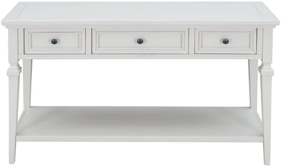 50 in. W x 15 in. D x 30 in. H Antique White Linen Cabinet Console Table with 3 Top Drawers and Open Style Bottom Shelf