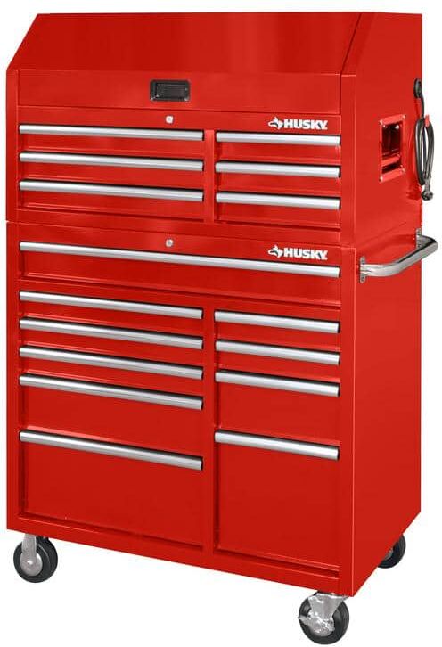 Husky 41 in. W x 24.5 in. D Standard Duty 16-Drawer Combination Rolling Tool Chest and Top Tool Cabinet Set in Gloss Red