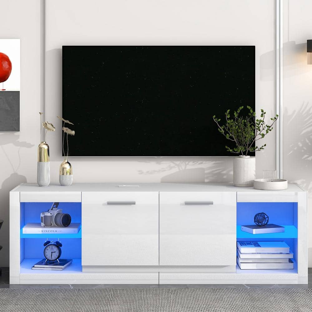 Harper & Bright Designs 61 in. White TV Stand Entertainment Center Fits TVs up to 70 in. with Tempered Glass Shelves and 16-Color LED Lights