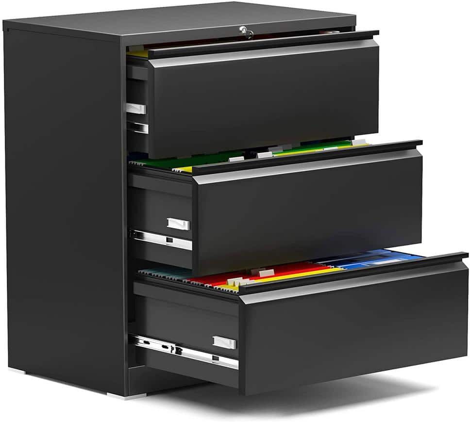 Aobabo 3 Drawer Lateral File Cabinet w/Lock for Letter/Legal Size Paper, Black