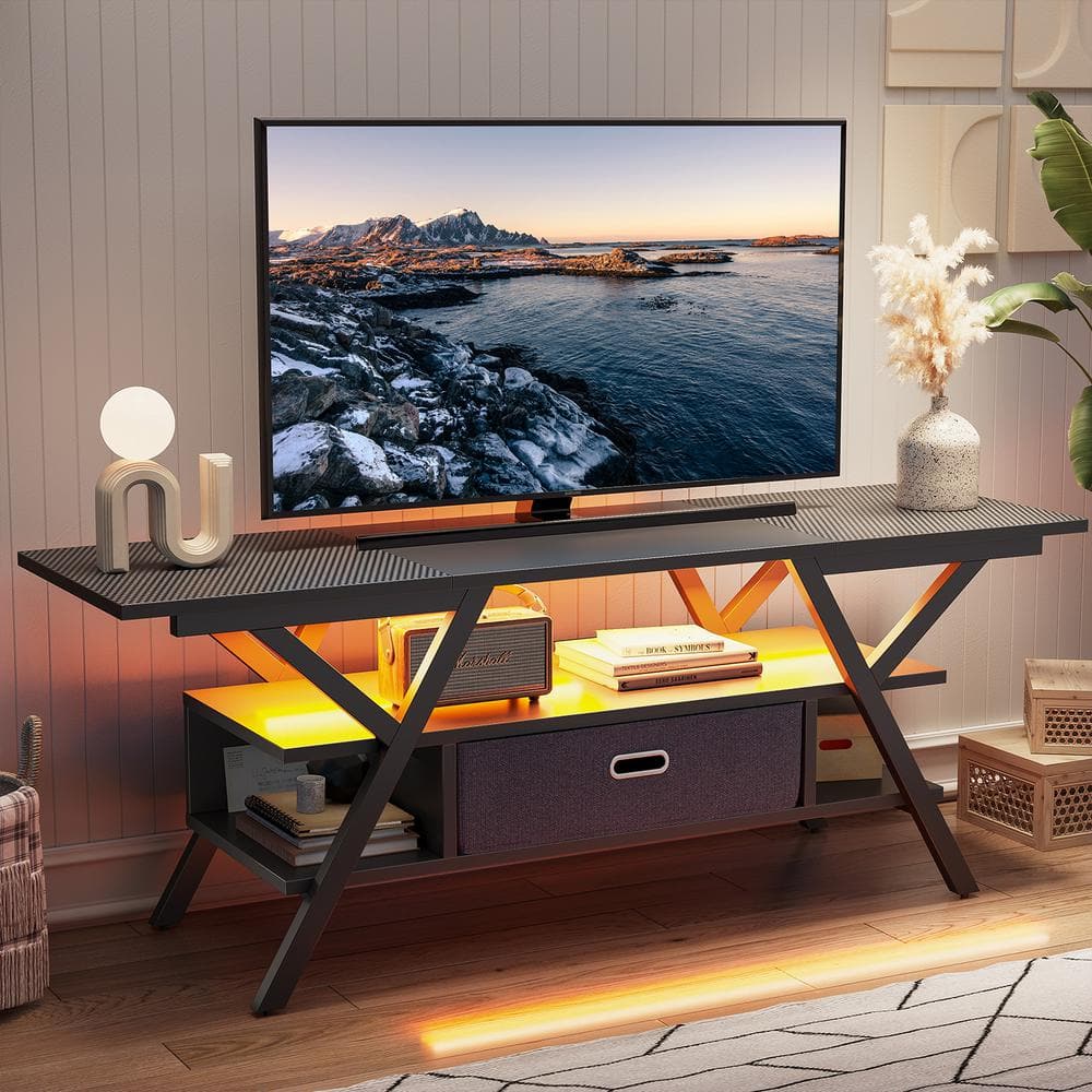 Bestier 55 in. Black Carbon Fiber TV Stand with Led Lights and Drawer for TVs Up to 65 in. Entertainment Center