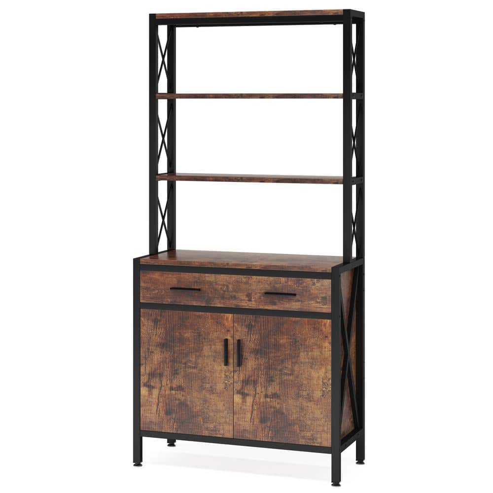 BYBLIGHT Eulas 69 in. Tall Wood 4-Shelf Bookcase with Drawer and Doors, Industrial Etagere Book Shelves Storage Cabinet