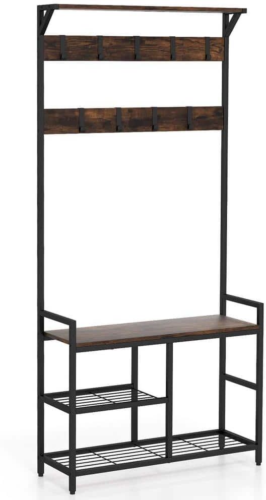 Costway Rustic Brown 71 in. Coat Rack Hall Tree with Shoe Bench Industrial Entryway Storage Shelf with Hooks