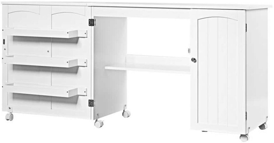 Bunpeony White Folding Large Sewing Table Storage Shelves Storage Cabinet Kitchen Cart with Lockable Casters