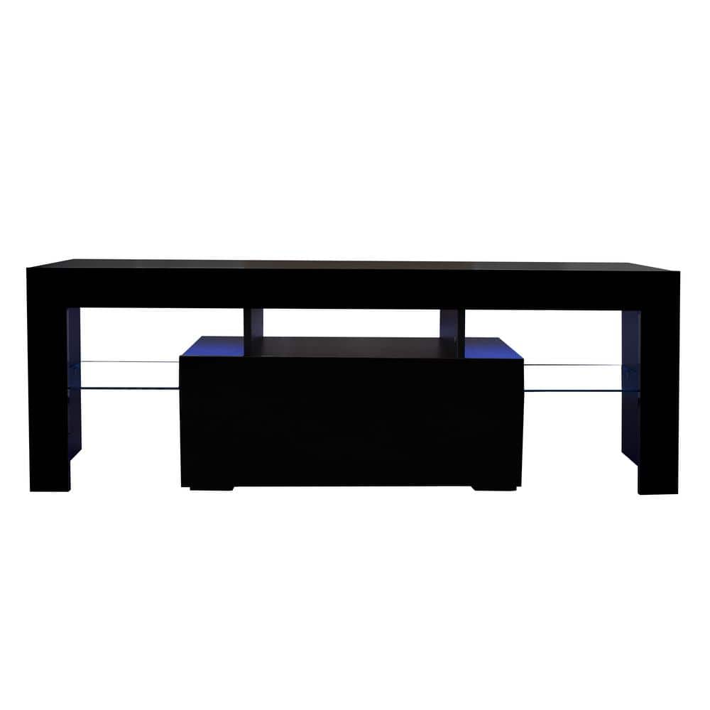 URTR Modern Black TV Stand with LED Lights High Glossy TV Table with Glass Storage Shelves TV Console Fits TVs up to 55 in.
