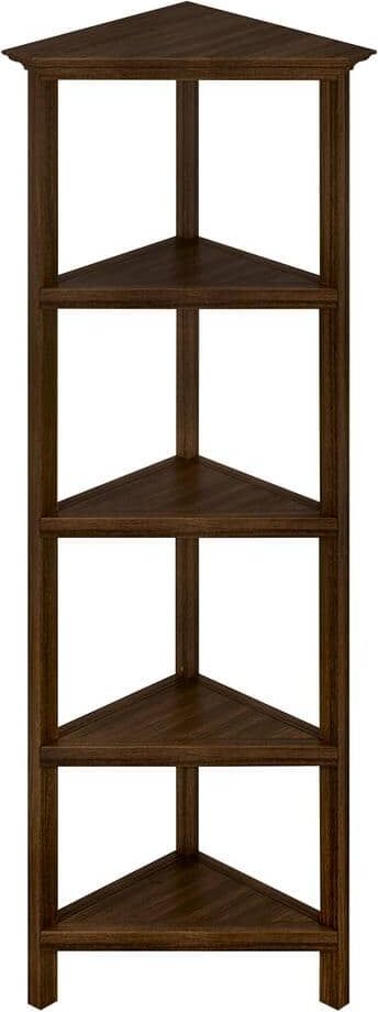 NewRidge Home Goods Edenton 60 in. Walnut Wood 4-Shelf Corner Bookcase with Open Back