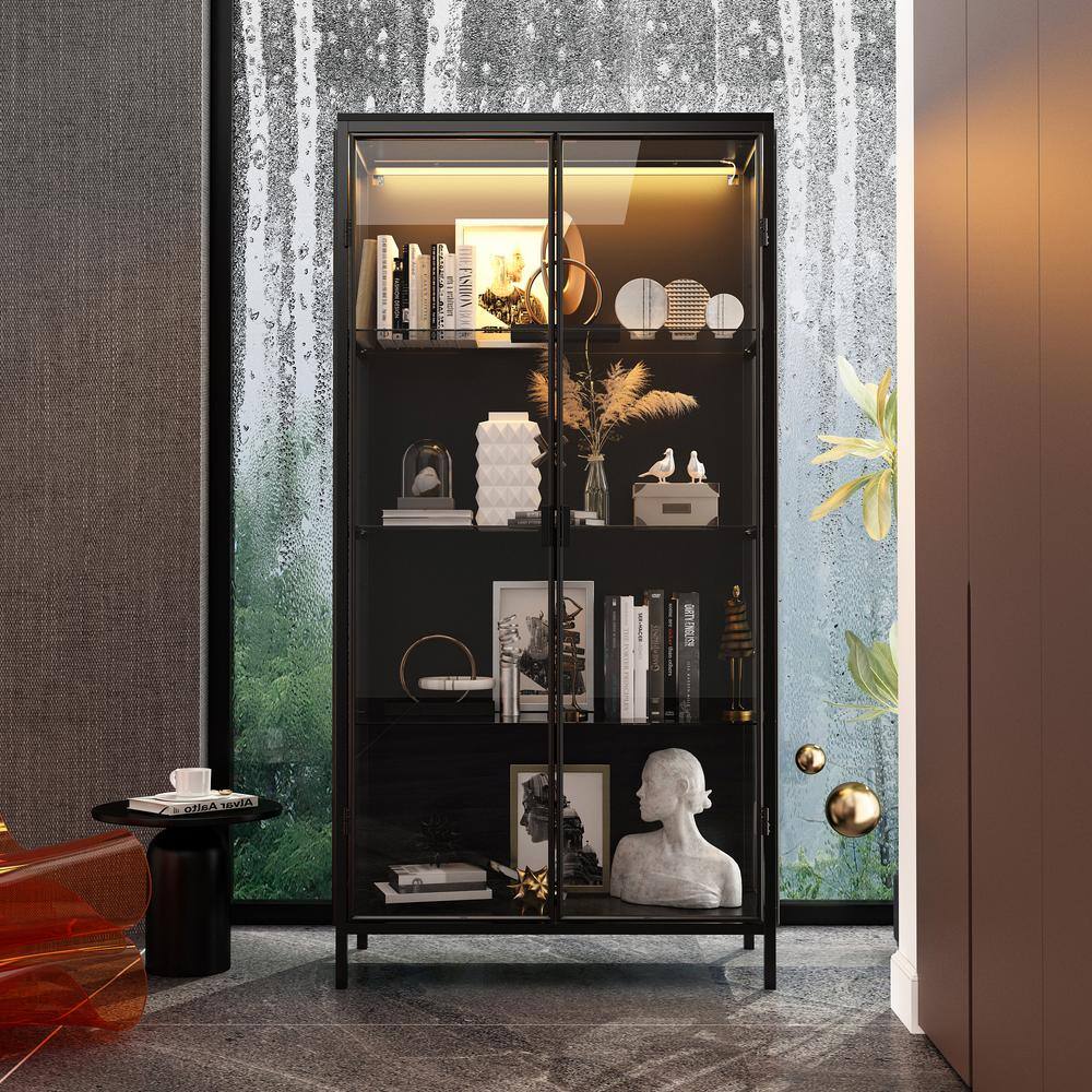 FUFU&GAGA 63 in. Tall Black Wood Standard Bookcase Bookshelf with Tempered Glass Doors, 3-Color LED Lights and Adjustable Shelves