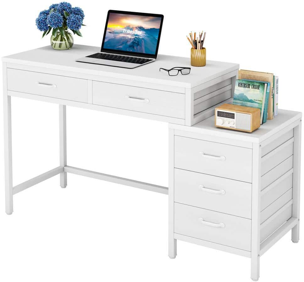 TRIBESIGNS WAY TO ORIGIN Cassey 51.18 in. Retangular Industrial White Wood 5 Drawer Computer Desk Legs Reversible File Cabinet Printer Stand