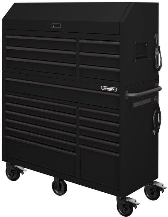 Husky 56 in. W x 22 in. D Heavy Duty 18-Drawer Combination Rolling Tool Chest and Top Tool Cabinet Set in Matte Black