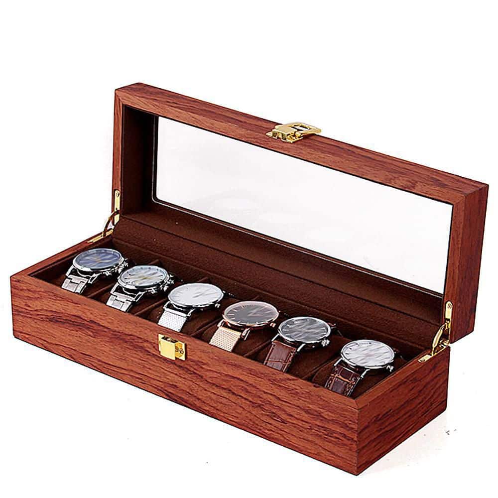 YIYIBYUS 6 Slots Vintage Red Wooden Watch Box Display Organizer Jewelry Storage Case