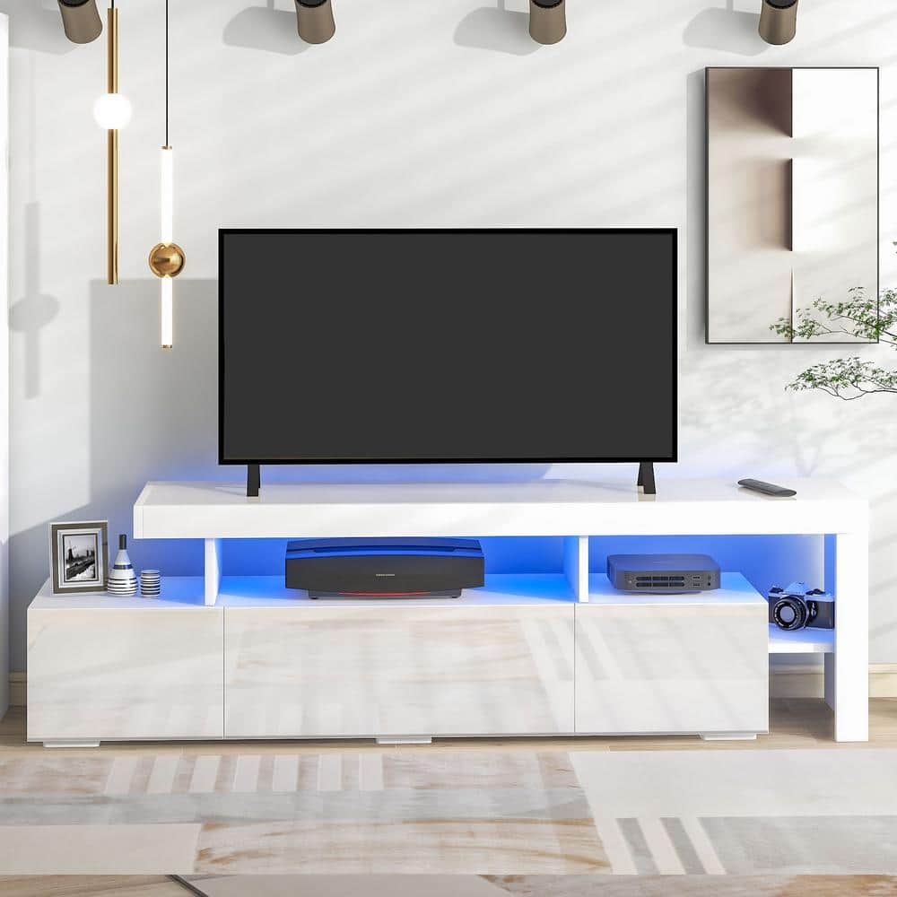 Harper & Bright Designs White Modern Style TV Stand Fits TV's up to 70 in. with Cabinets, DVD Shelf, and 16-colored LED Lights