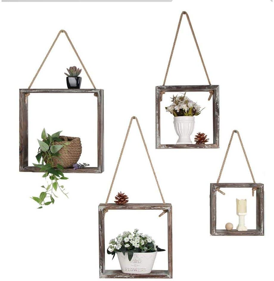 Set of 4 Floating Hanging Square Shelves Wall Mounted Rustic Wood Cube Display Shelf Decorative Boho Home Decor