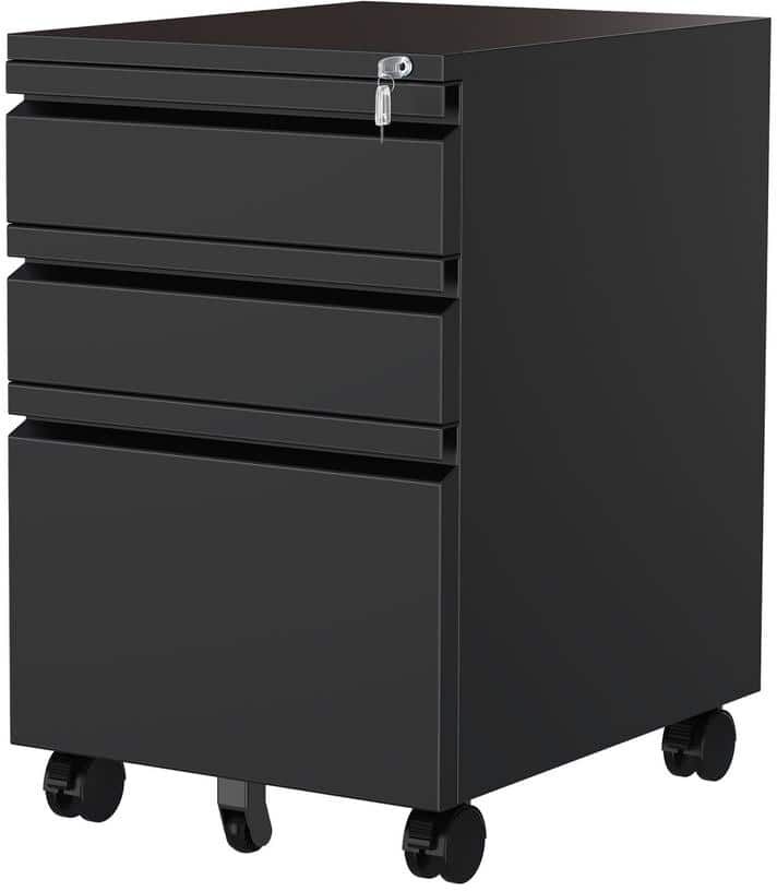 Mlezan Black Mobile File Cabinet 14.6 in. W x 17.7 in. D Letter/Legal Metal 3-Drawer with Lock on Wheels