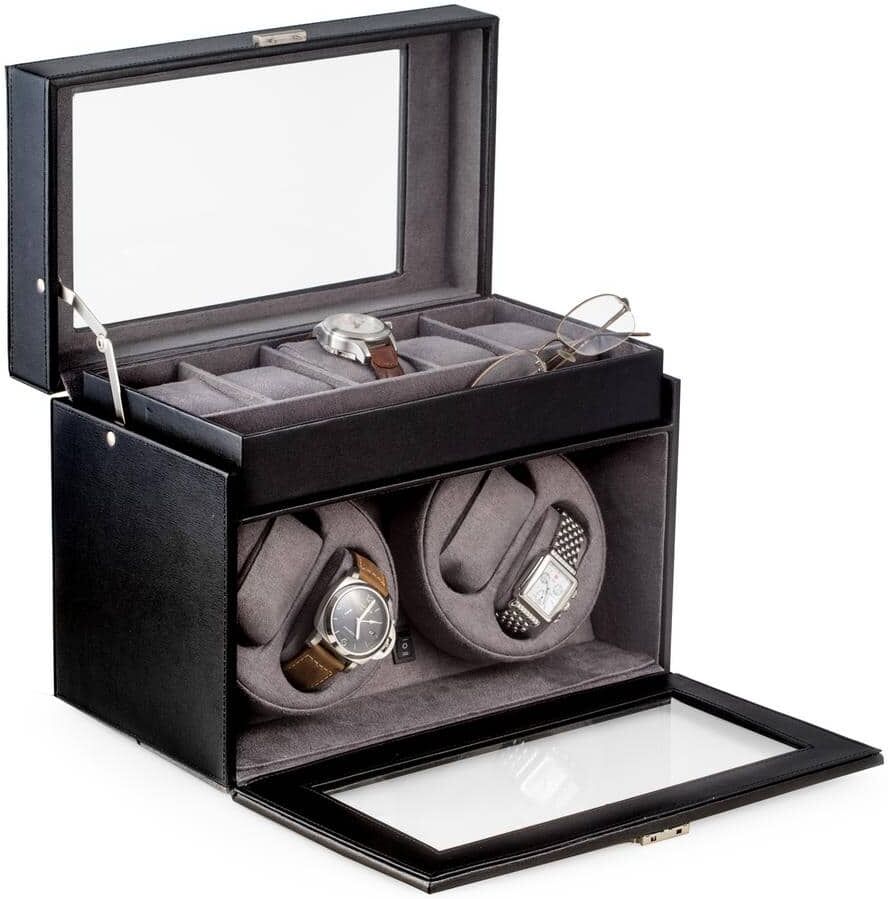 BEY-BERK Black Leather 4-Watch Winder and 5-Watch Storage Case