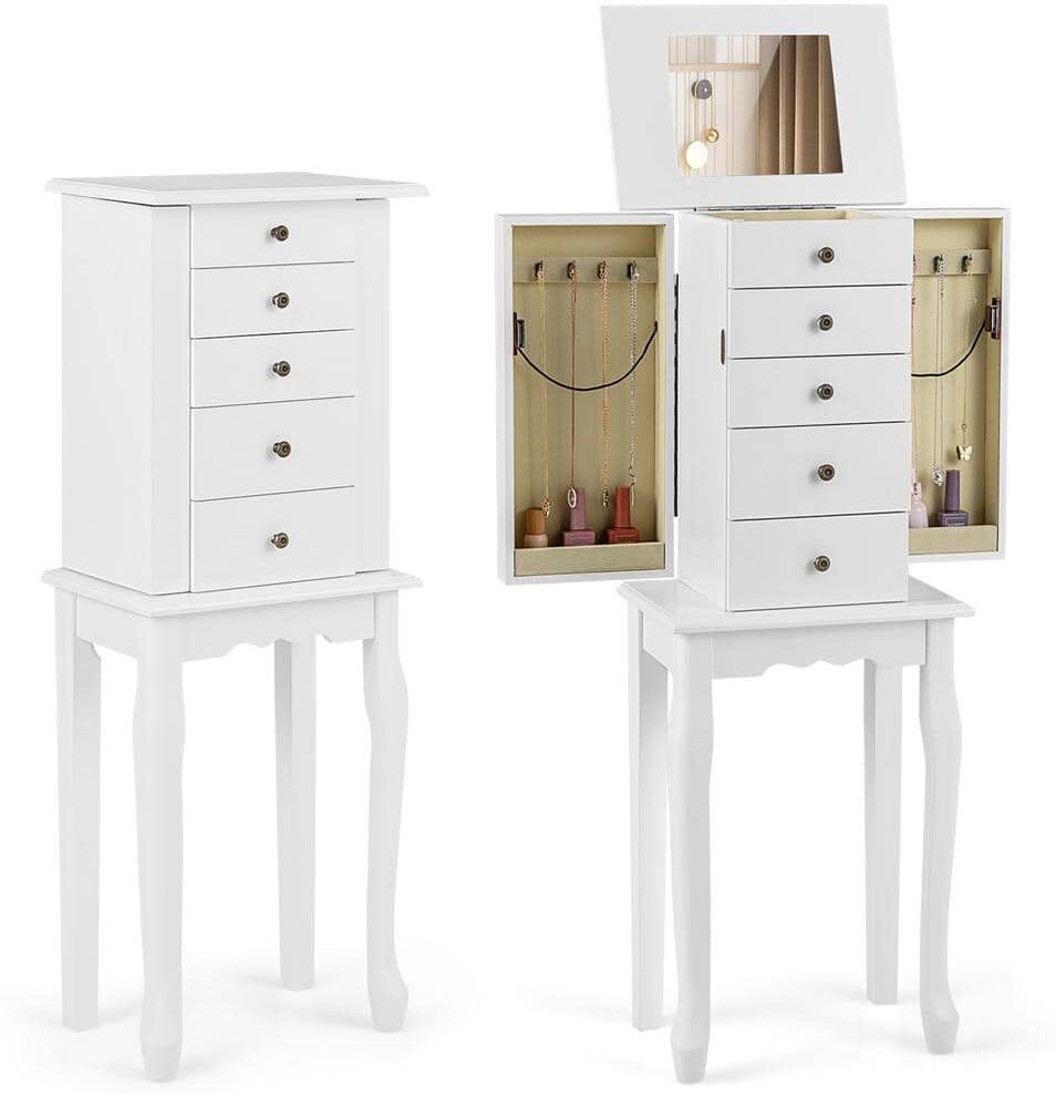 HONEY JOY White Jewelry Cabinet Armoire Storage Box Chest Standing Dressing Organizer Mirror 13 in. L x 9 in. W x 34 in. H