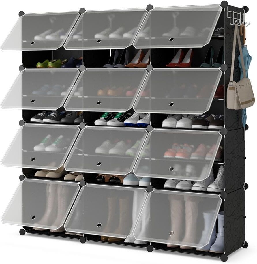 Costway 49 in. H 48-Pair Portable Shoe Rack Organizer 12-Cube Shoe Shelf Storage Cabinet With Hook