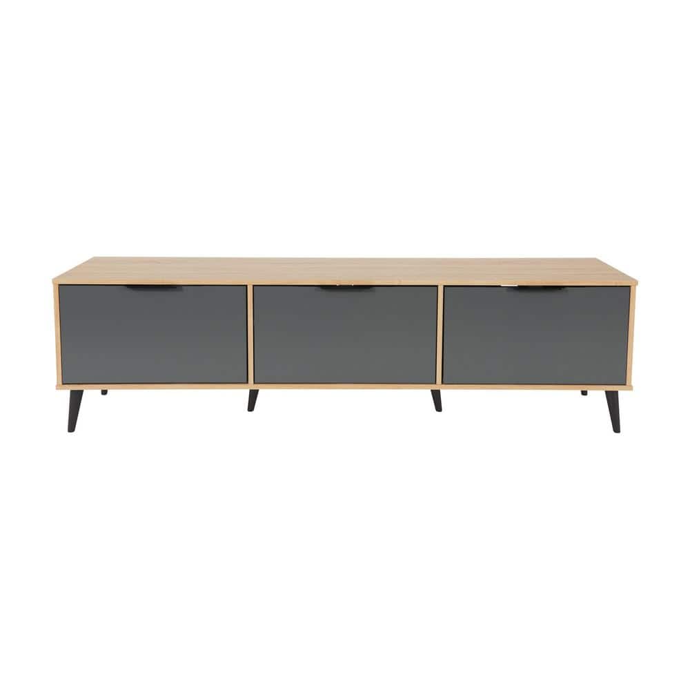 CorLiving Cole 71 in. Light Wood and Grey TV Bench with Cabinet Storage Fits TV's up to 85 in. with Cable Management