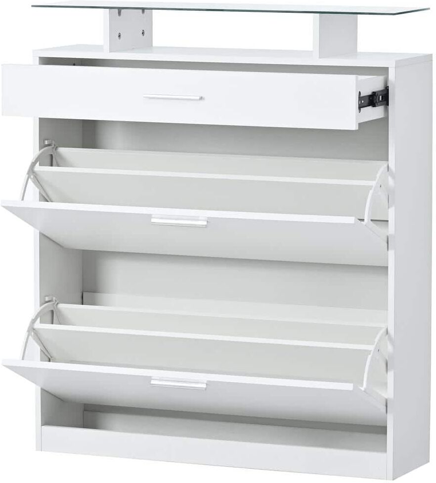 35 in. W x 9.4 in. D x 40.9 in. H White Wood Linen Cabinet with 2 Flip Drawers, Tempered Glass Top, LED Light