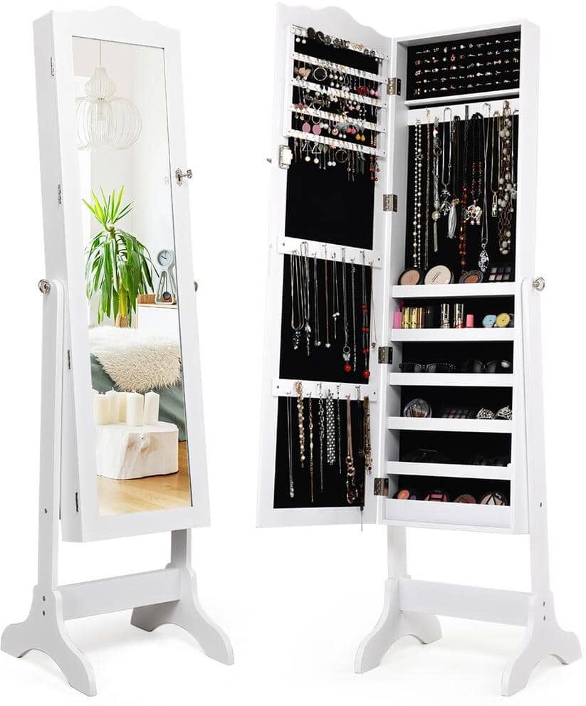 Costway White with Stand Mirrored Lockable Jewelry Armoire Cabinet Storage Box 63.5 in. L x 14.5 in. W x 18.5 in.