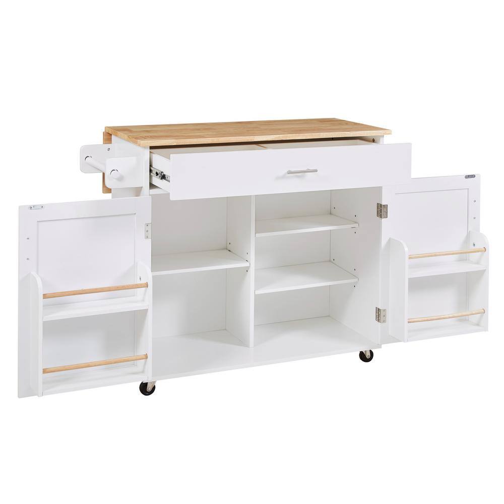 Harper & Bright Designs White Rubber Wood Kitchen Cart with Door Internal Rack, Drop-Leaf, Adjustable Shelves,-Drawer with Divider, 4 Wheels