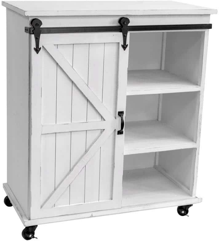 OS Home and Office Furniture Distressed Antique White Sliding Barn Door Storage Cabinet with 5 Spacious Shelves