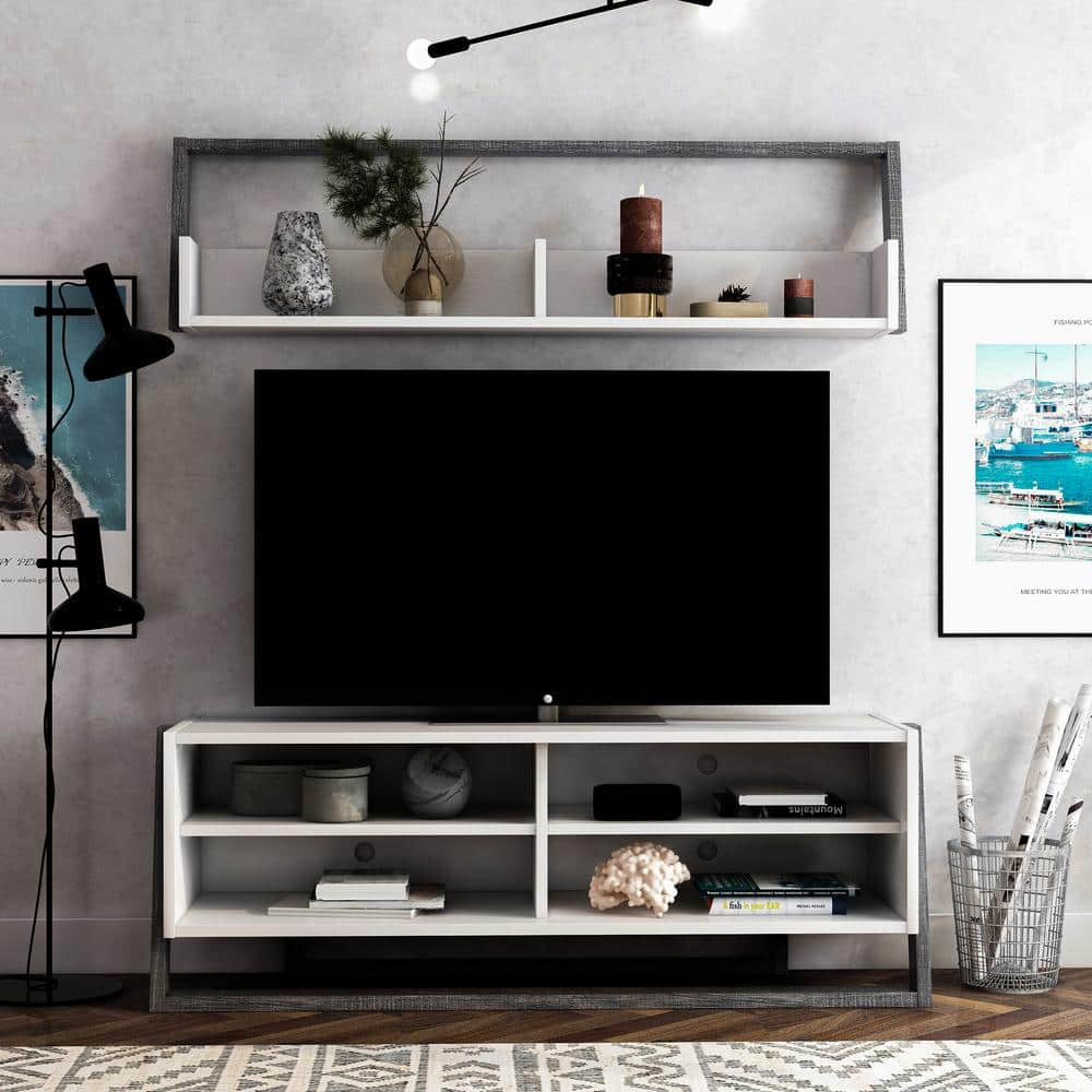 Furniture of America Addis 2 Piece 62.50 in. W Gray TV Console with 4-Shelves Fits TV's Up to 70 in. with Cable Management