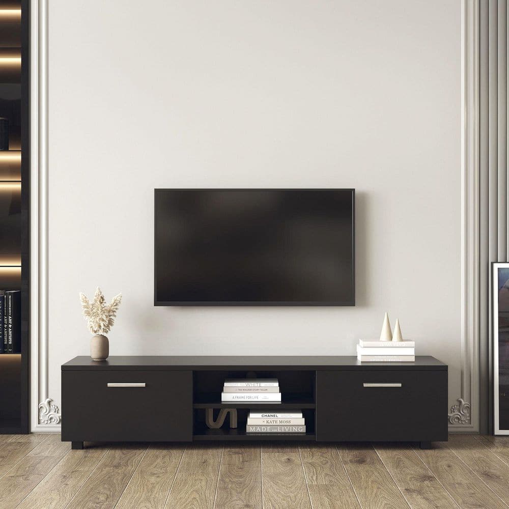 J&E Home 62.99 in. Black Media Console TV Stand Fits TV's up to 70 in. with 2 Storage Cabinet and Open Shelves