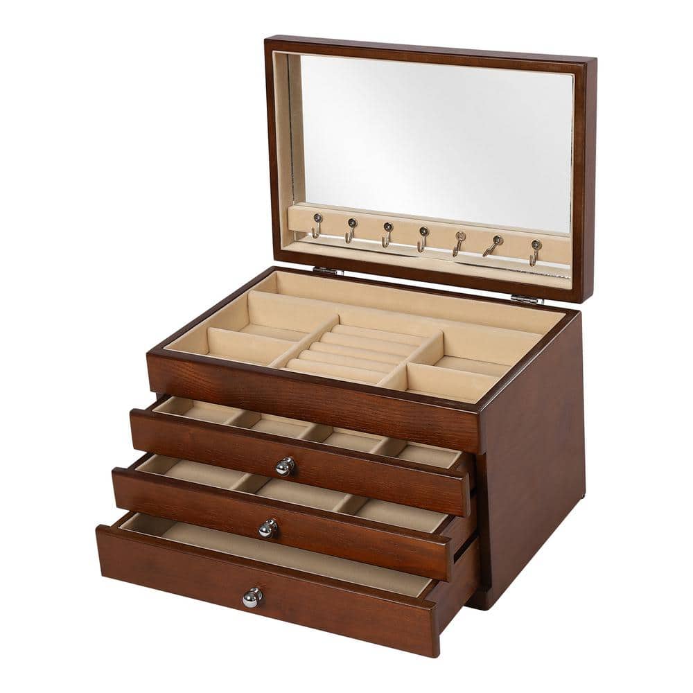 YIYIBYUS Large 4-Tier Original Wood Jewelry Box Velvet Lining Storage Organizer with Drawers and Mirror