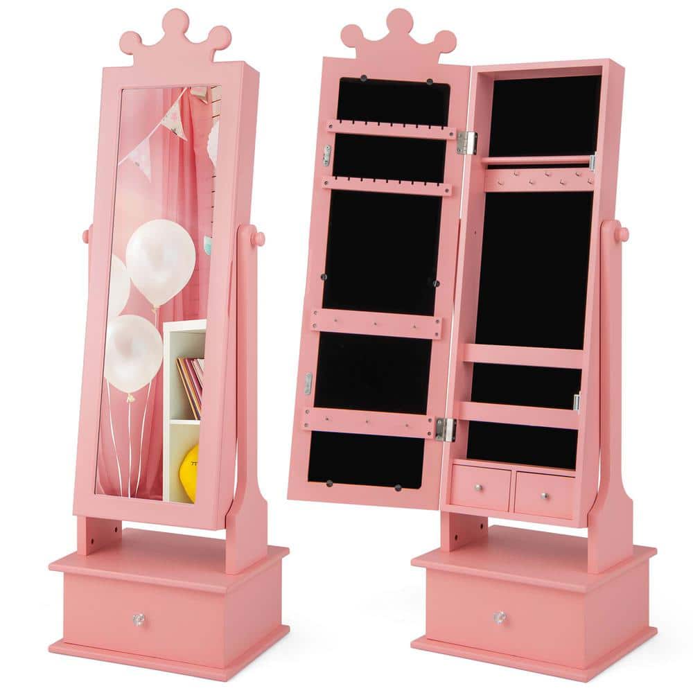 Costway Kid Freestanding Pink Wood 13.5 in. Jewelry Armoire 2 in. 1-Full Length Mirror Storage Drawer
