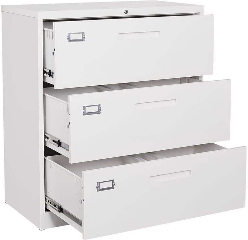 Mlezan 3 Drawer Lateral Cabinet White Metal Cabinets Storage Legal Letter Filing in 15.7"D x 35.4"W x 40.5"H