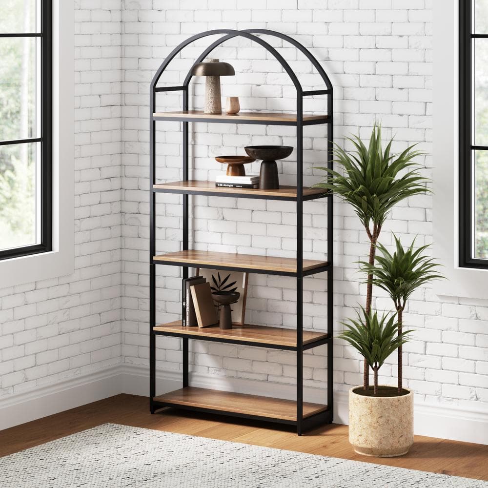 Nathan James Haven 72 in. Oak/Black 5-Shelf Etagere Bookshelf Oak Wood and Black Metal Frame with Arch Top and Open Shelves