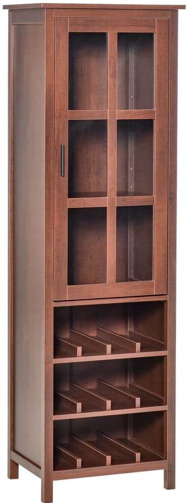 HOMCOM Walnut Wine Cabinet Bar Display Cupboard with Glass Door and 3-Storage Compartment for Living Dining Room Home Bar