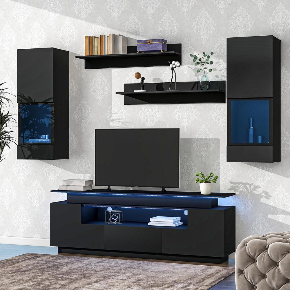 Harper & Bright Designs Black 5 Pieces Floating TV Stand Fits TV's up to 75 with Storage Cabinets, Shelves, Drawer, and 16-color LED Light
