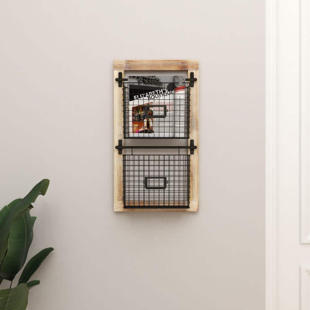 Litton Lane Black Wall Mounted Magazine Rack Holder with Suspended Baskets and Label Slot