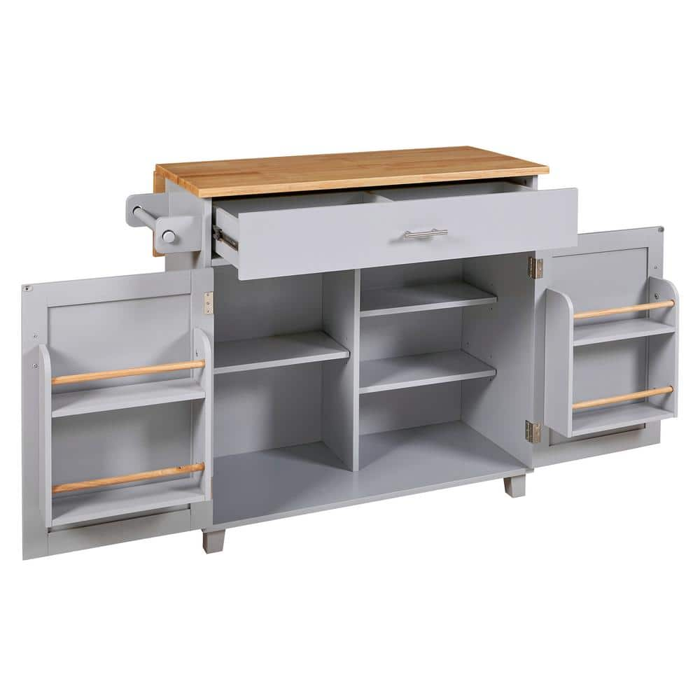 Harper & Bright Designs Gray Rubber Wood Kitchen Cart with Door Internal Rack, Drop-Leaf, Adjustable Shelves,-Drawer with Divider, 4 Wheels