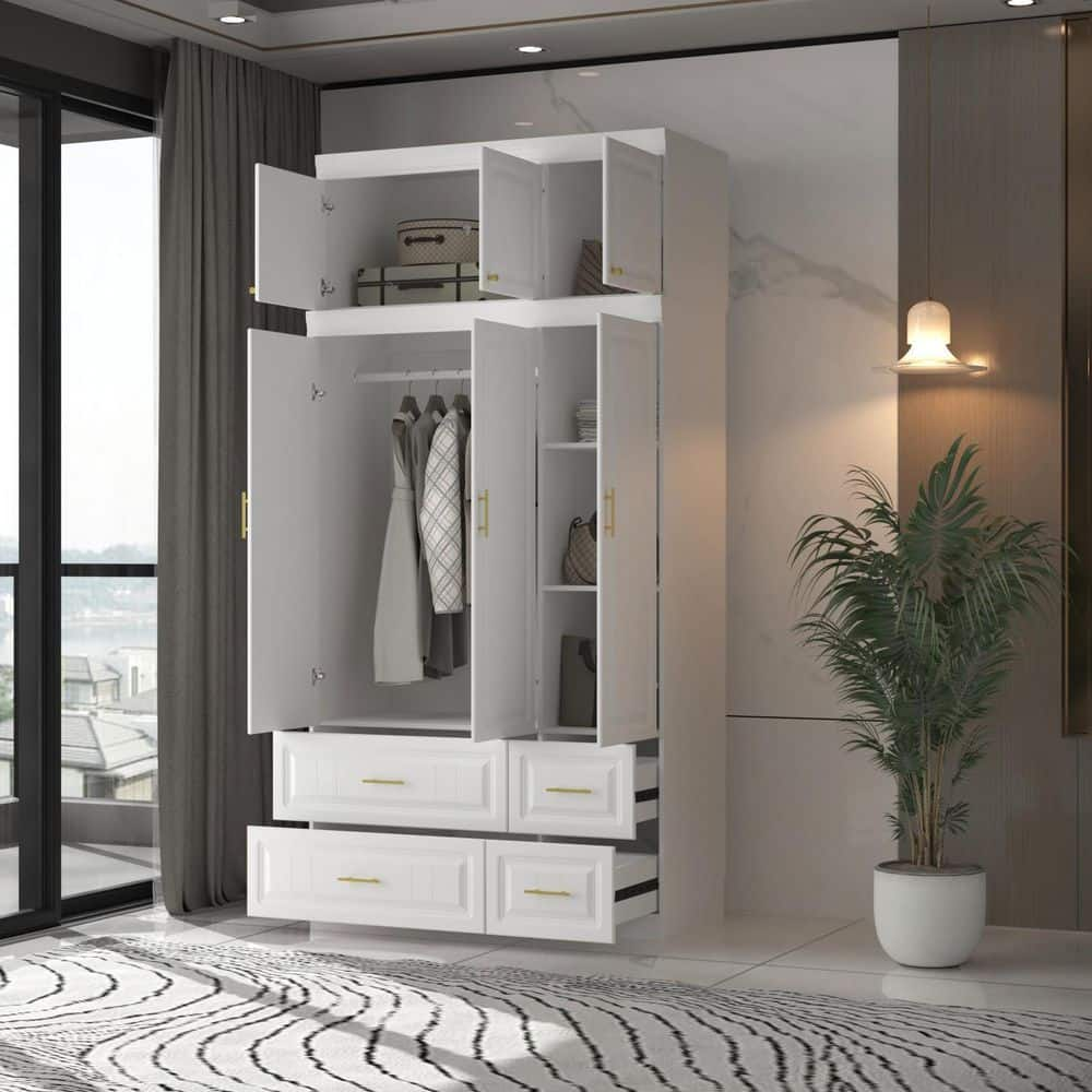 FUFU&GAGA White 6-Door Big Wardrobe Armoires with Hanging Rod, 4-Drawers, Storage Shelves 93.7 in. H x 47.2 in. W x 20.6 in. D