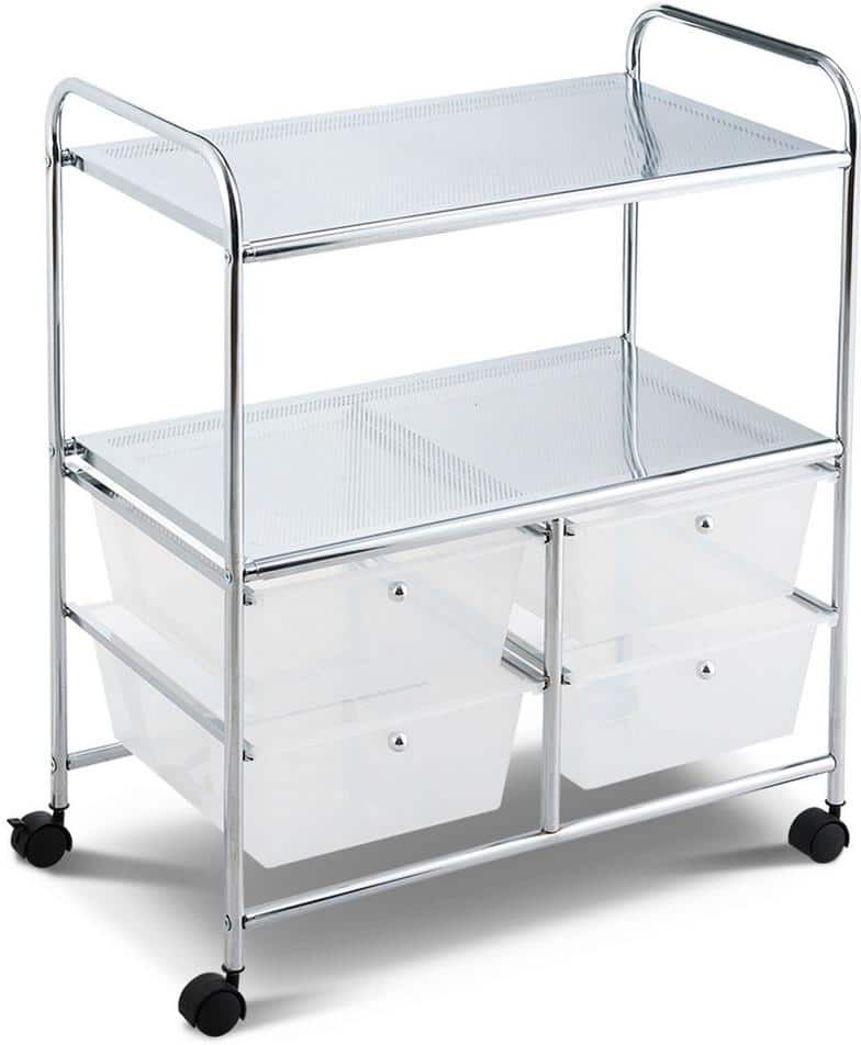 Costway 3-Tier Metal 4-Wheeled Rolling Storage Cart Rack Shelf with 4 Drawers in Clear